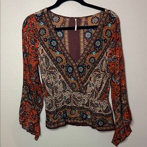 Free People Multicolor Paisley V-Neck Blouse